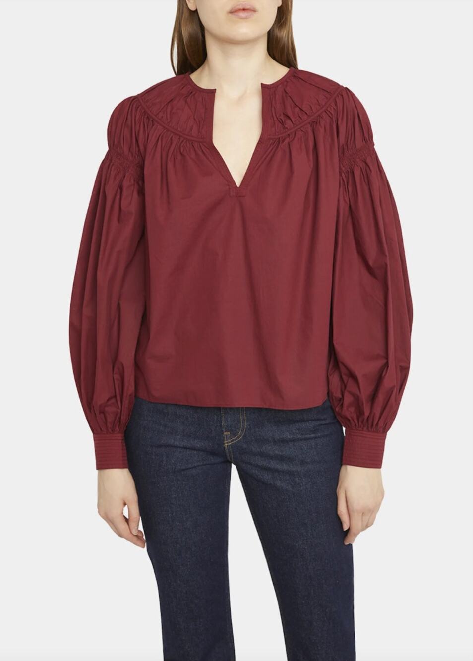 New Ulla Johnson Ora Poplin Blouse Burgundy Split Neck Bishop Sleeve Sz 12